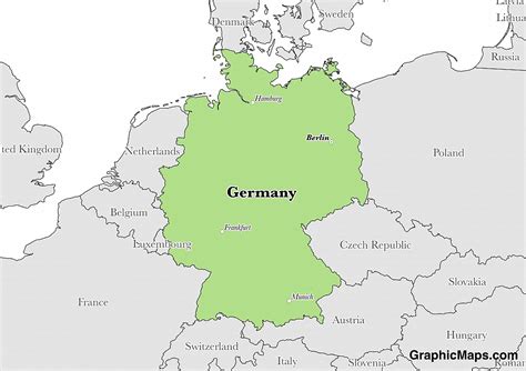 The map shows germany and neighboring countries with international borders, the national capital map of germany. Germany - GraphicMaps.com
