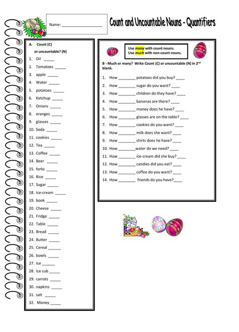 Countable And Uncountable Nouns Quantifiers Worksheet