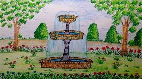 Add the lake, tree and windmill. 23 Terrific Landscape Fountain Sketch - Home, Family, Style and Art Ideas