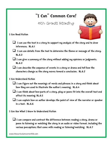 I Can” Common Core 6th Grade Reading Printables And Template For 6th