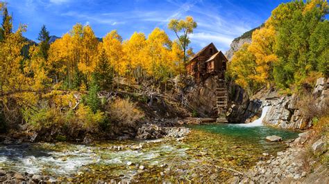 Fall Nature Mill River Forest Landscape Colorado Trees Yellow