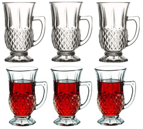 Pasabahce Istanbul Turkish Patterned Tea Glasses With Handle Set Of Six