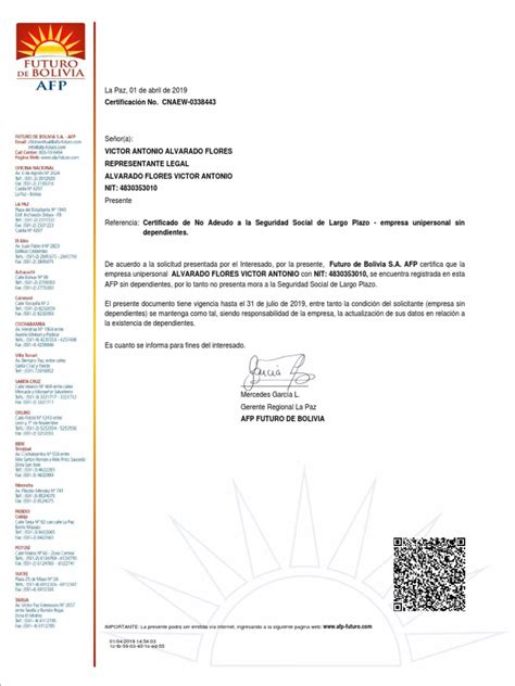 Certificado De No Adeudo Afp Futuro Bolivia Pdf