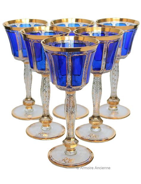 6x Large Crystal Wine Glasses Cobalt Blue Overlay And 24k Etsy Crystal Wine Glasses Blue