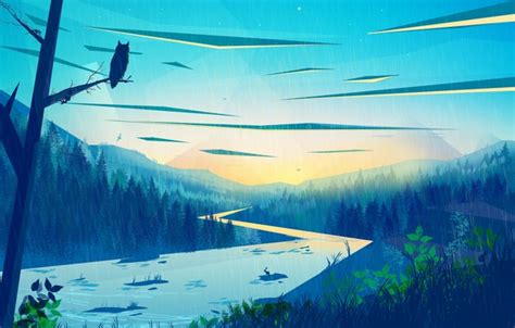 Wallpaper Nature Owl River Forest Post Style Landscape River Illustration Painting