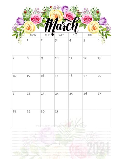 Free Printable Pretty Roses Calendar For 2021 Printables And