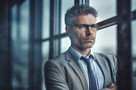 Premium Ai Image Man In A Suit And Glasses Looking Out A Window