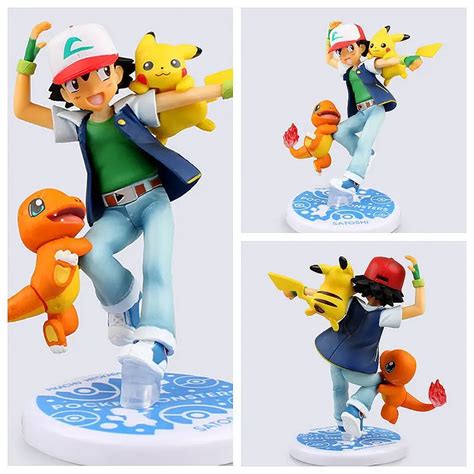 Free Shipping 4 Anime Cartoon Ash Ketchum Satoshi And Pikachu And Hitokage Boxed 10cm Pvc Action