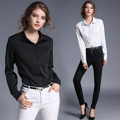buy black white striped women shirt long sleeve fashion slim turn down collar