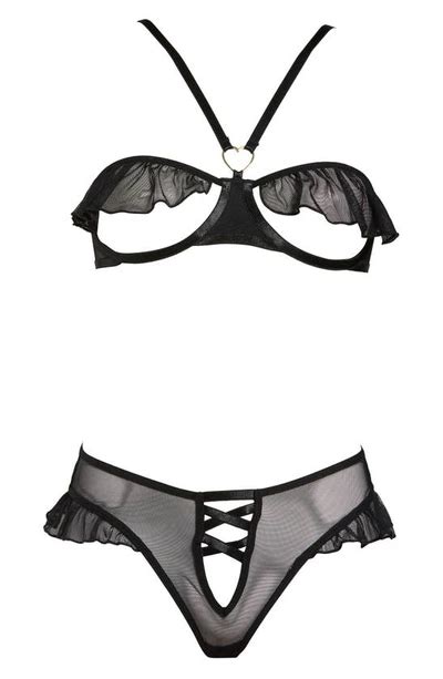 Mapalé Ruffle Mesh Underwire Bra And Panties Set In Black Modesens