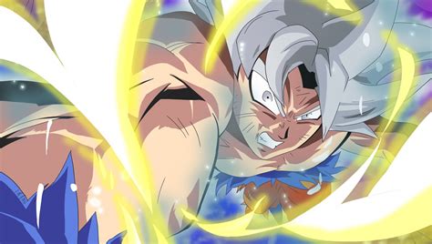 Goku displays a new form with silverish whitish hair. Wallpaper : Son Goku, Dragon Ball Super, Mastered ultra ...