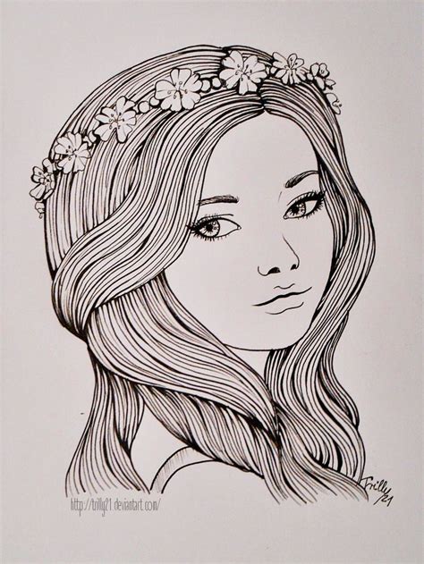 Lineart Hair Ink Girl Flower Flowerband Drawings Fairy