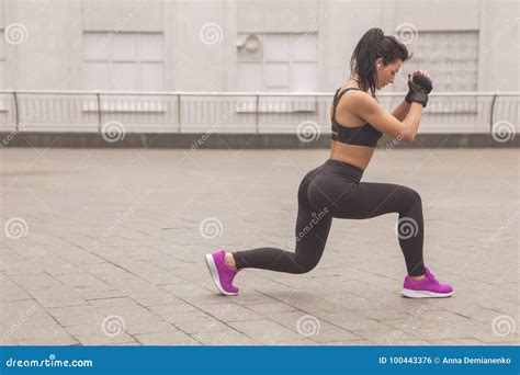 Brunette Slim Adult Fit Sporty Caucasian Woman In Sportswea Stock Photo