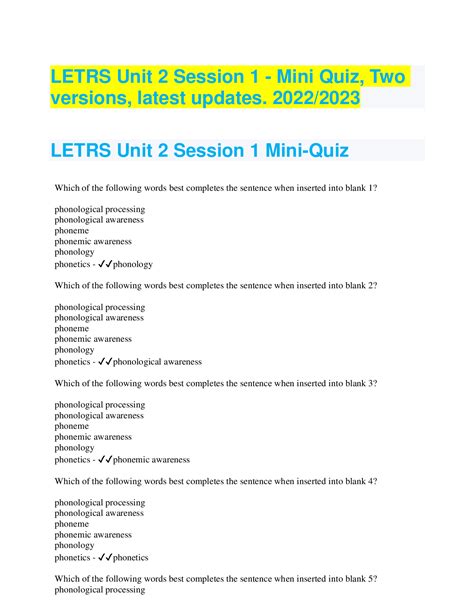 Letrs Unit 2 Session 1 Mini Quiz Two Versions Latest Updates 2022