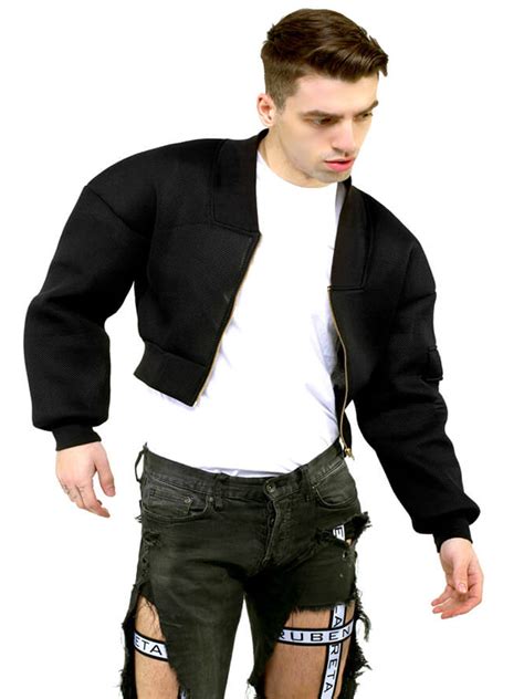 Mens Fashion Black Cropped Bomber Jacket Stars Jackets