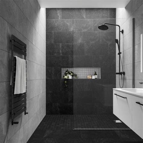 Slate Rock Black 300x600 Black Tile Bathrooms Grey Bathroom Tiles