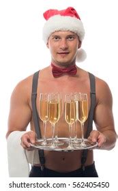 Naked Barman Red Cap Brought Champagne Stock Photo Shutterstock