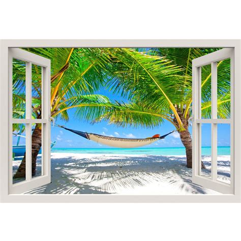 Window Frame Mural Relaxed Beach Huge Size Peel And Stick Beach Wall