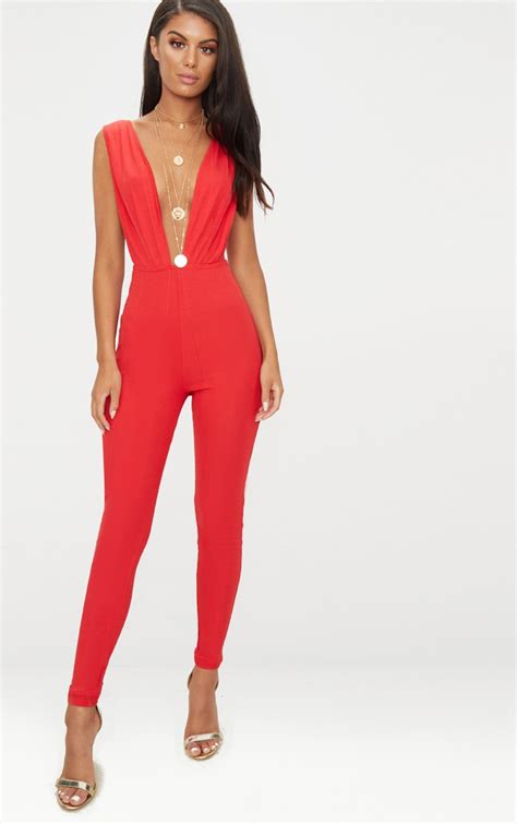 red bandage plunge jumpsuit prettylittlething ca