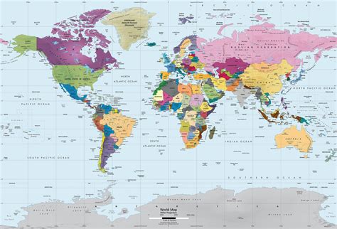 Colorful World Political Map Wall Mural Miller Projection 53 By 36