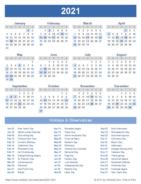 2021 Free Printable Calendar Canada