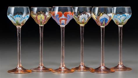 Set Of Art Nouveau Painted And Gilt Cordial Glasses In The Style Of Moser Early 20th Cent