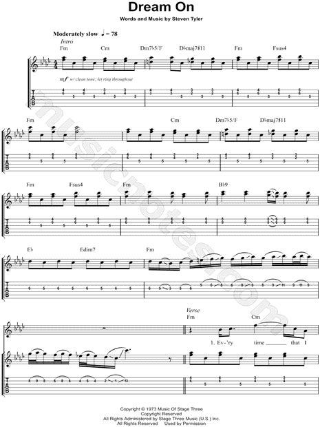 Aerosmith Dream On Guitar Tab In F Minor Download And Print Guitar