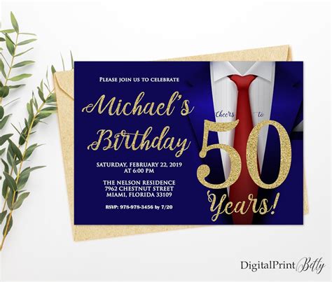 50th Birthday Invitations Men Birthday Party Gold And Navy Etsy