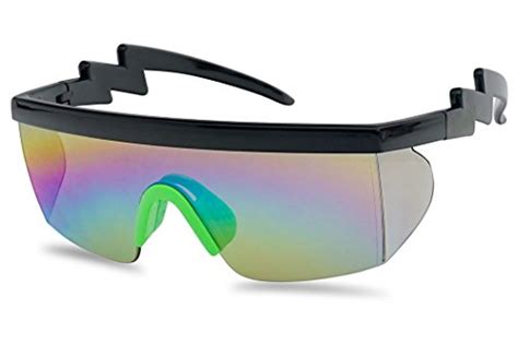 large wrap around rainbow mirrored semi rimless flat top shield goggles sunglasses black green