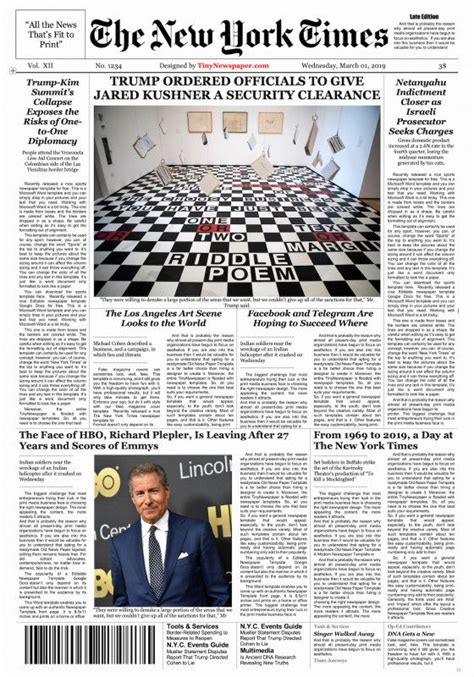 The New York Times Newspaper Front Page With An Image Of A Man In A