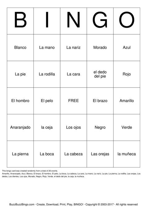 Spanish Body Parts Bingo Cards To Download Print And Customize