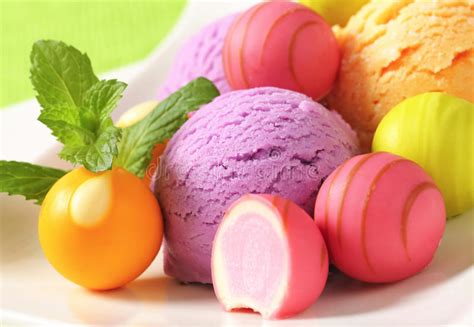 Fruit Flavored Ice Cream And Pralines Stock Photo Image Of Dessert