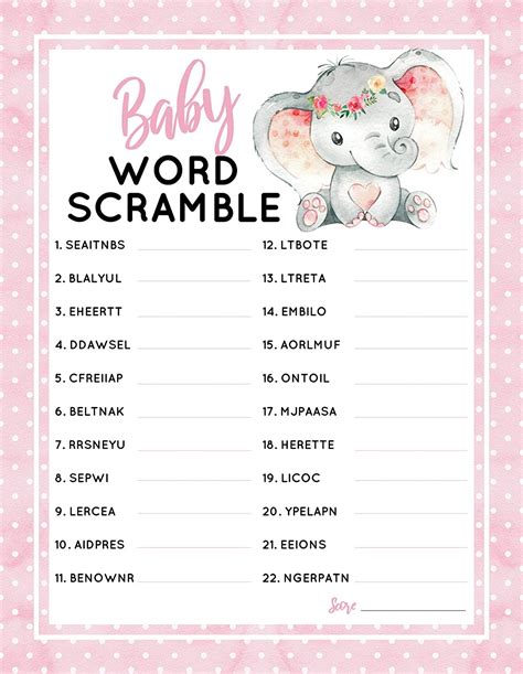 Buy 30 Pink Elephant Baby Word Scramble Baby Shower Game And Activity