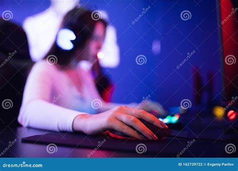 Streamer Beautiful Girl Professional Gamer Playing Online Games Computer With Headphones Red