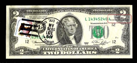 1976 Federal Reserve Two Dollar Note First Issue With Stamp