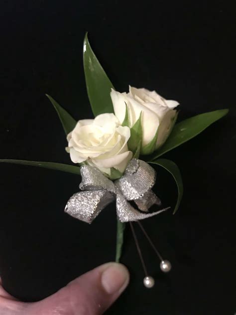 White Spray Rose Boutonniere With Silver Ribbon By San Marin Flowers
