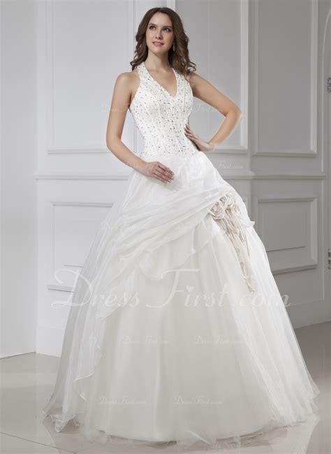 Ball Gown Halter Floor Length Satin Organza Tulle Wedding Dress With