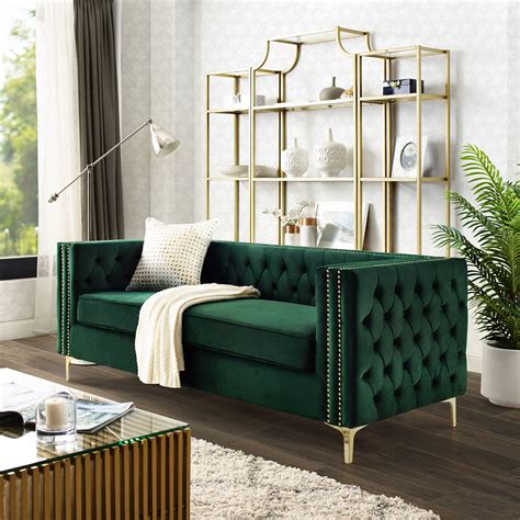 Inspired Home Sania Velvet Sofa 3 Seat Nailhead Trim Gold Legs Inspired Home Hunter Green