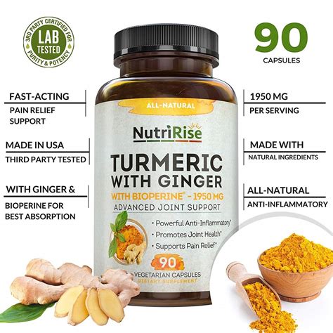 NutriRise Turmeric Curcumin Supplement With Ginger BioPerine 90 Caps