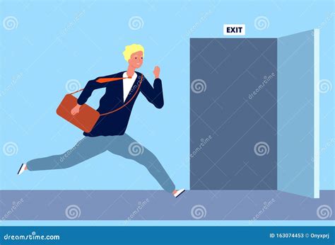 Male Run To Exit Businessman Fast Moving To Opening Door Evacuation Or