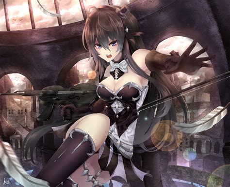 Wallpaper Armor Black Hair Blue Eyes Boobs Building Cleavage Clouds Feathers Gloves