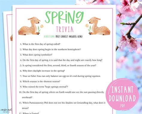 Spring Trivia Game Printable Springtime Games Party Games Etsy