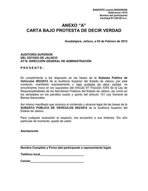Ejemplo Carta De Decir Verdad Bajo Protesta Ejemplo Sencillo