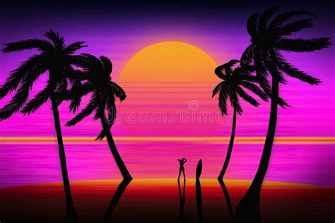Background With Sunset On The Neon Sky And The Beach With Silhouettes