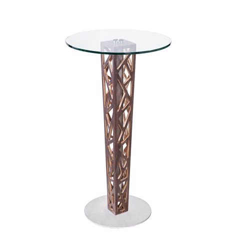 Armen Living Crystal Bar Table With Walnut Veneer Column And Brushed Stainless Steel Finish With
