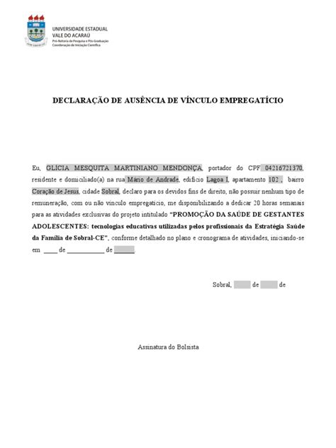 Declaração De Ausência Vínculo Empregatício Pdf