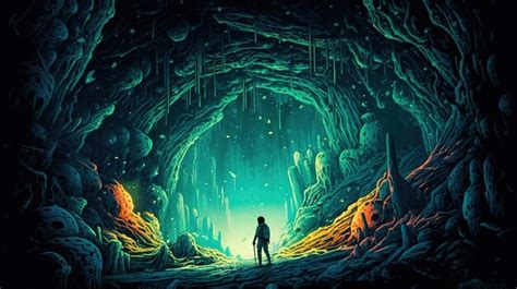 Premium Ai Image A Man Stands In A Cave With A Glowing Light In The