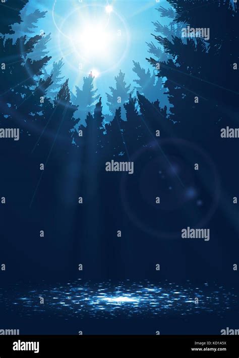 Forest Background With Sunbeams In Blue Colors Vector Illustration
