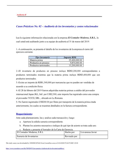 Caso Practico Auditoria De Los Inventarios This Study Source Was