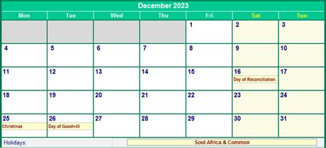 December 2023 South Africa Calendar With Holidays For Printing Image